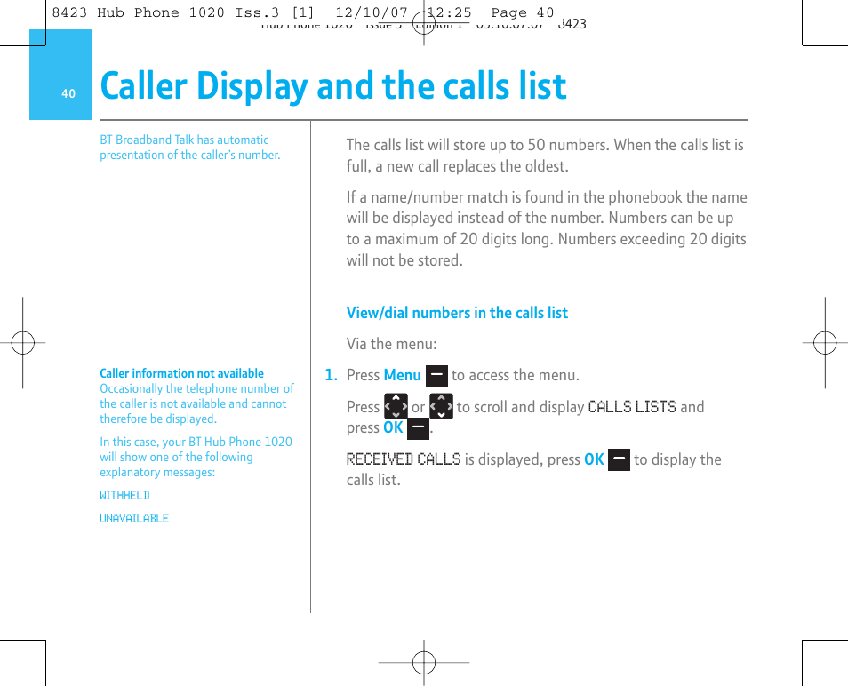 Caller display and the calls list | BT 1020 User Manual | Page 40 / 76