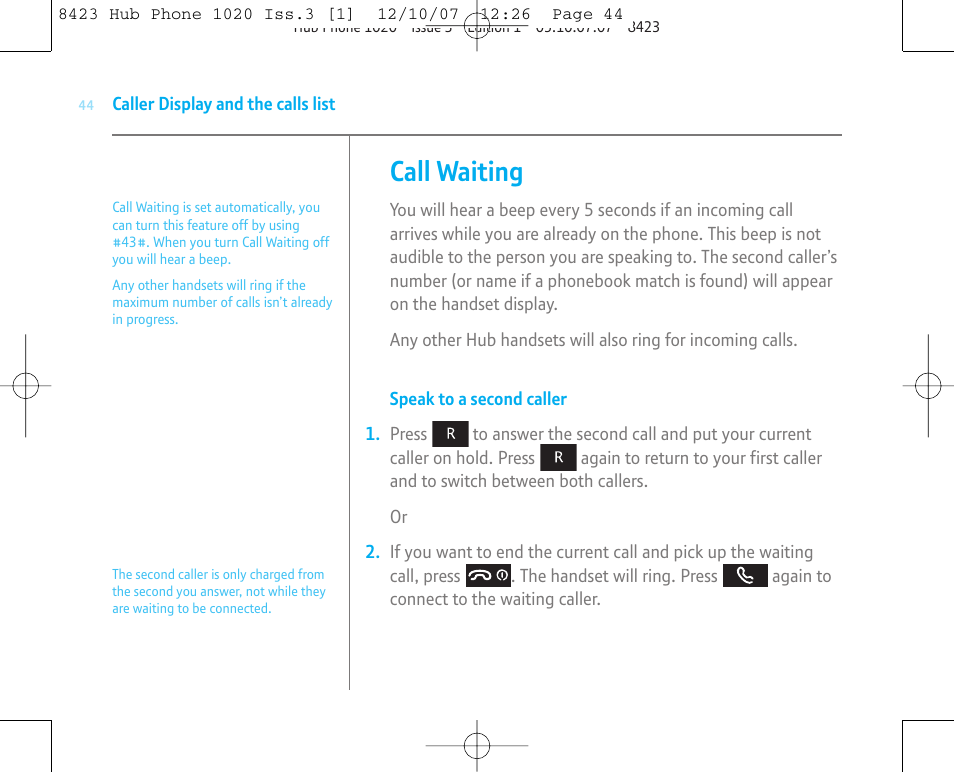 Call waiting | BT 1020 User Manual | Page 44 / 76