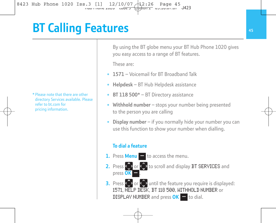 Bt calling features | BT 1020 User Manual | Page 45 / 76