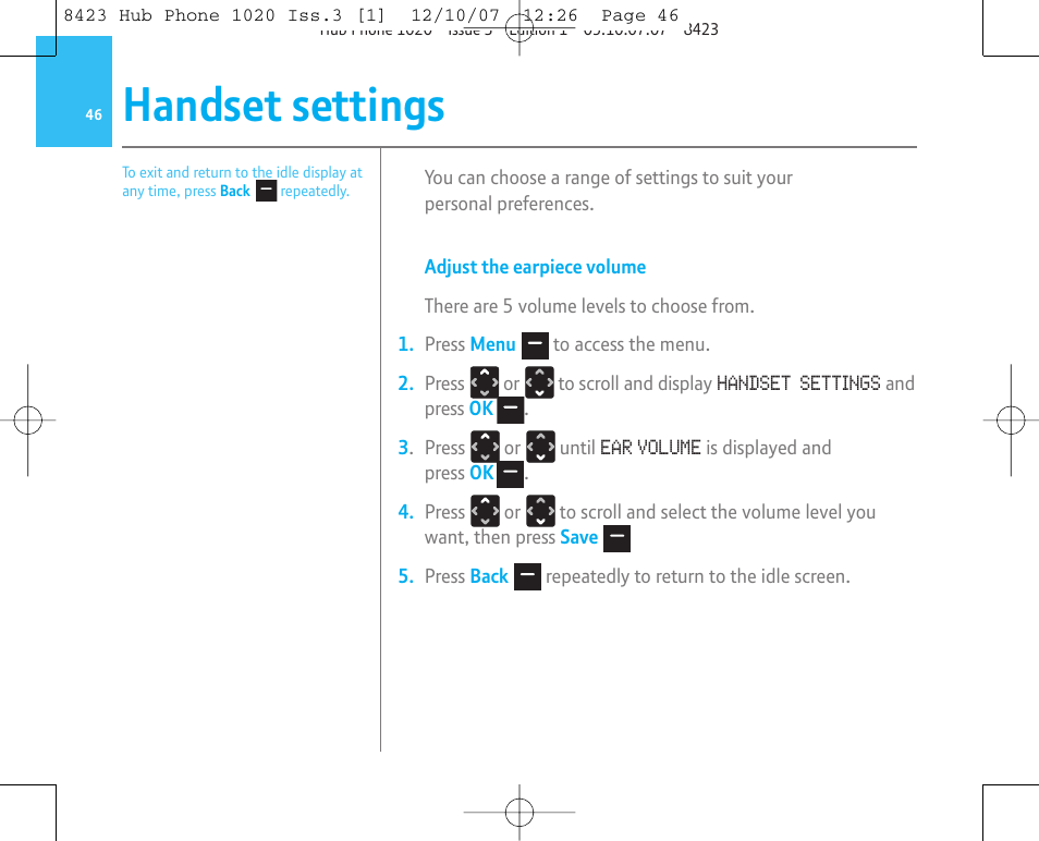 Handset settings | BT 1020 User Manual | Page 46 / 76
