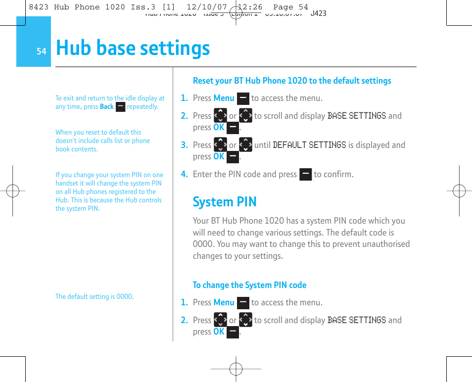 Hub base settings, System pin | BT 1020 User Manual | Page 54 / 76