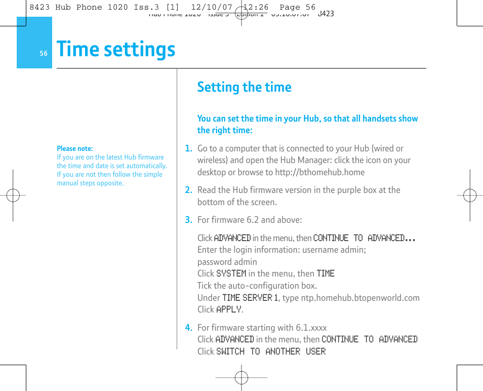 Time settings, Setting the time | BT 1020 User Manual | Page 56 / 76