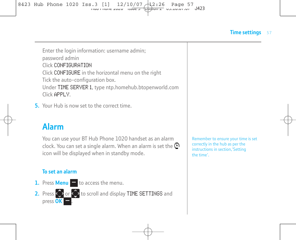 Alarm | BT 1020 User Manual | Page 57 / 76