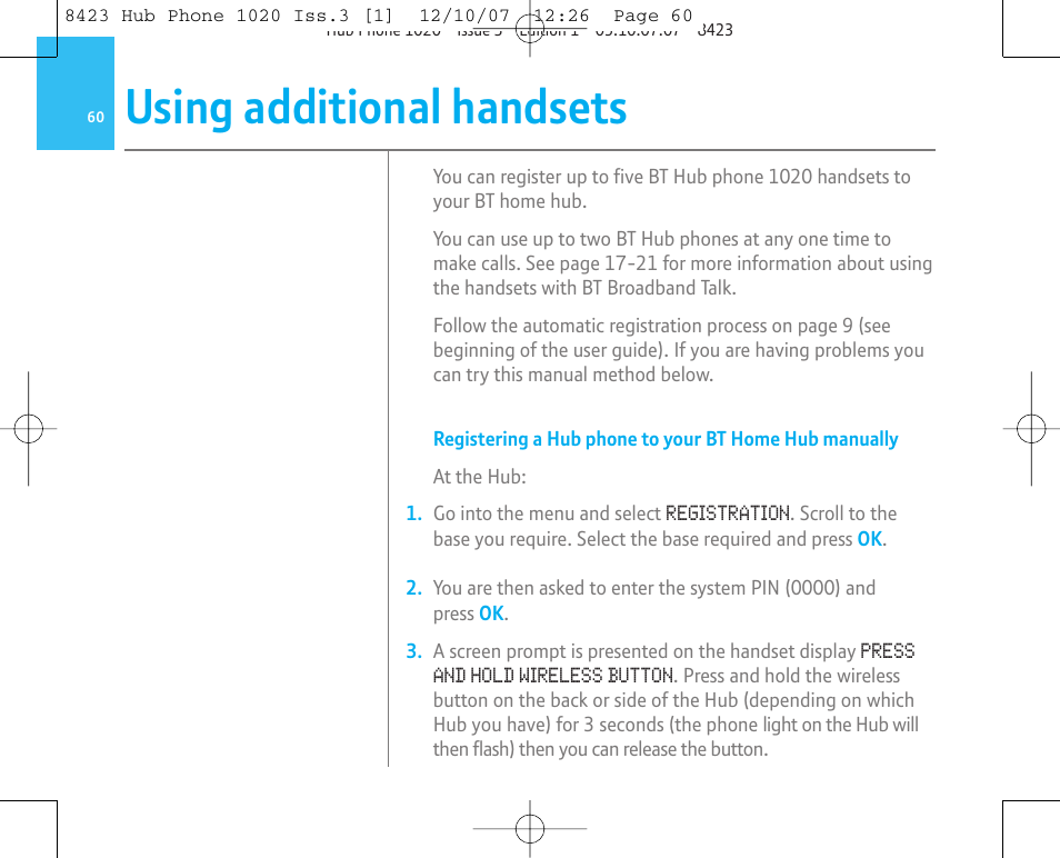 Using additional handsets | BT 1020 User Manual | Page 60 / 76