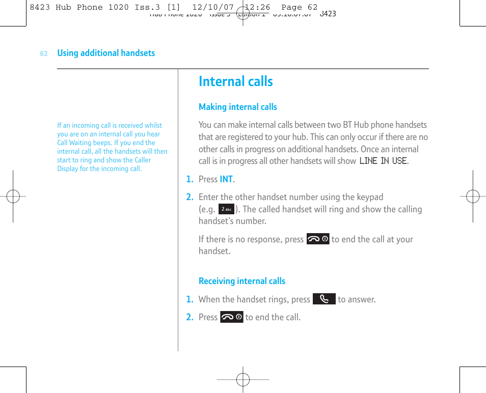 Internal calls | BT 1020 User Manual | Page 62 / 76