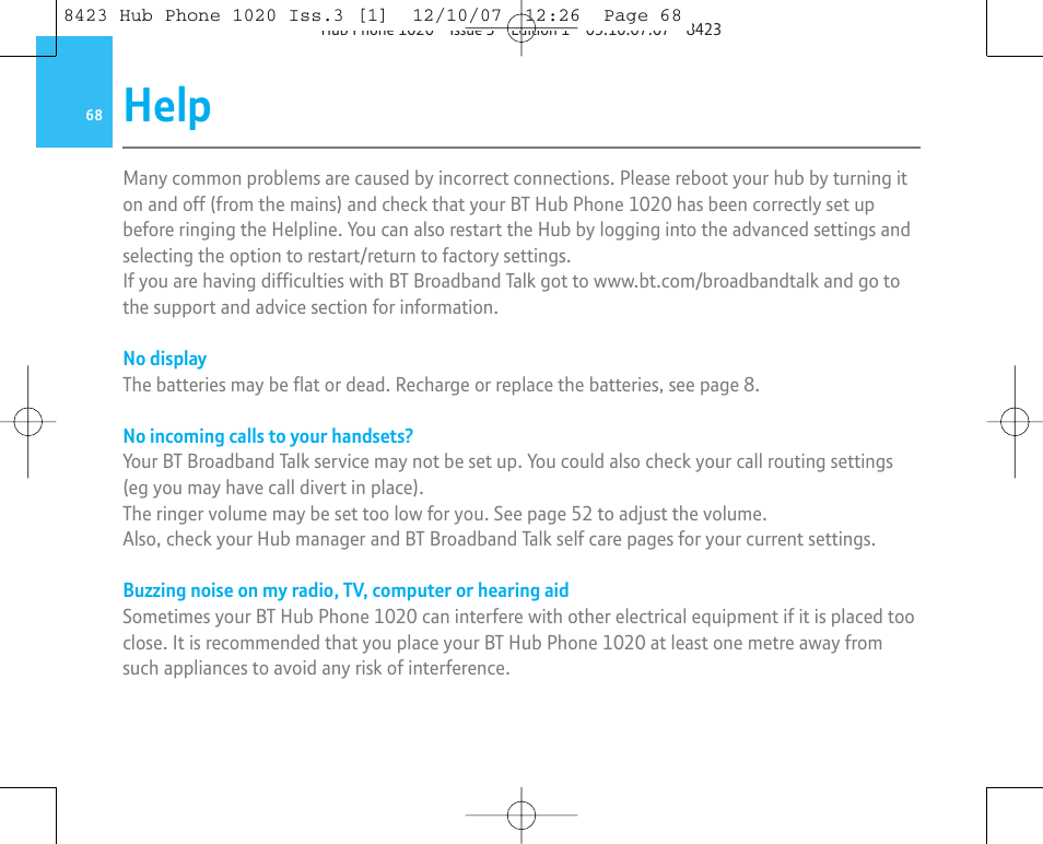 Help | BT 1020 User Manual | Page 68 / 76