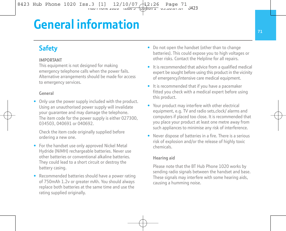 General information, Safety | BT 1020 User Manual | Page 71 / 76