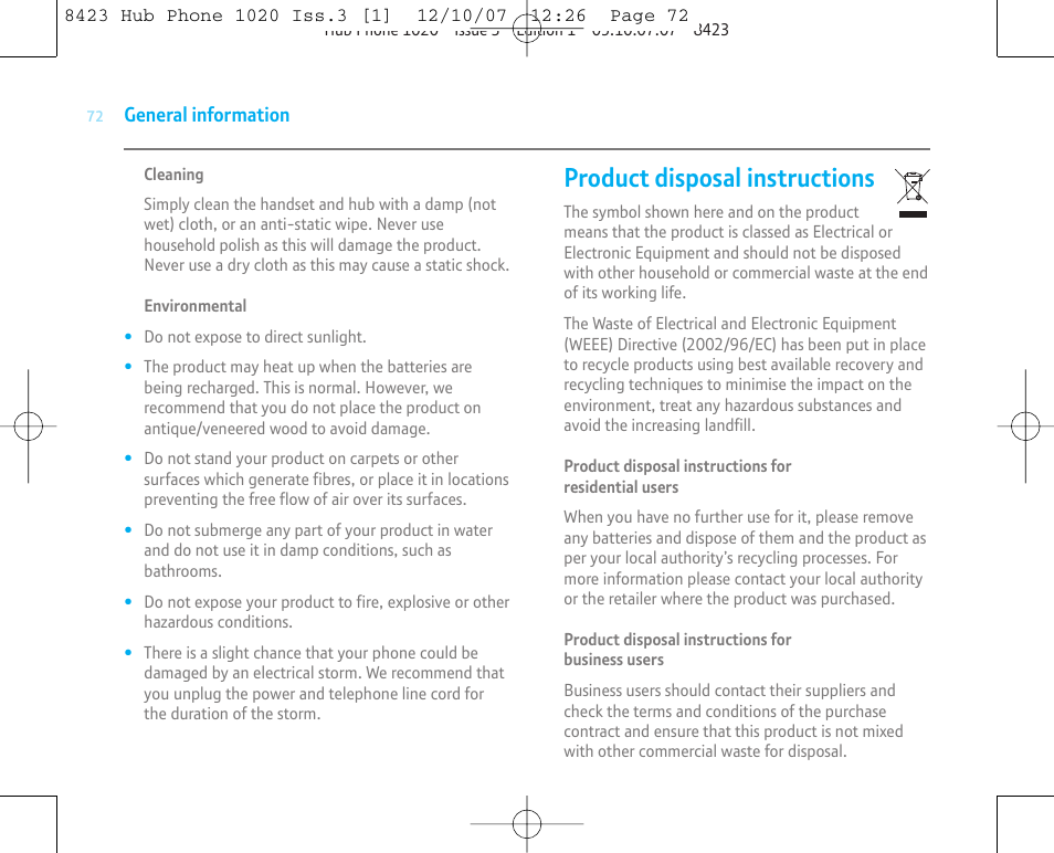 Product disposal instructions | BT 1020 User Manual | Page 72 / 76