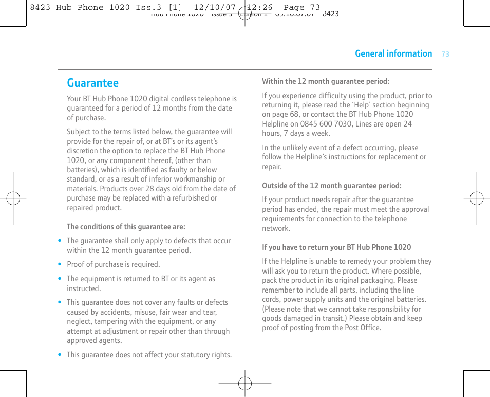 Guarantee | BT 1020 User Manual | Page 73 / 76