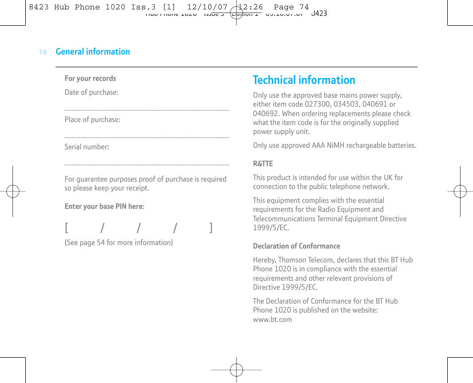 Technical information | BT 1020 User Manual | Page 74 / 76