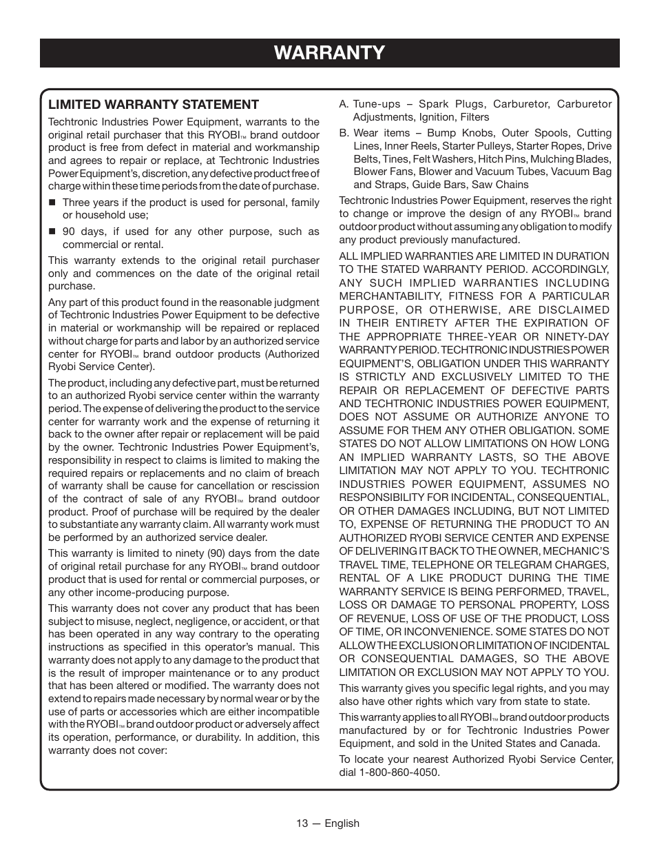 Warranty, Limited warranty statement | Ryobi RY40030 User Manual | Page 17 / 40