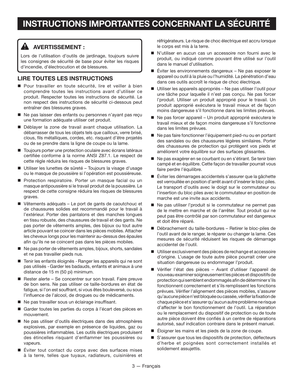 Instructions importantes concernant la sécurité, Avertissement, Lire toutes les instructions | Ryobi RY40030 User Manual | Page 18 / 40