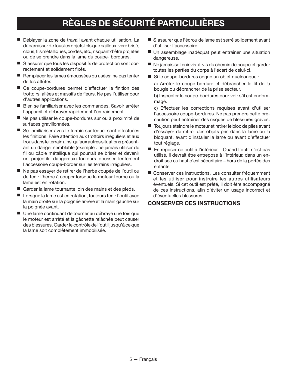 Règles de sécurité particulières | Ryobi RY40030 User Manual | Page 20 / 40