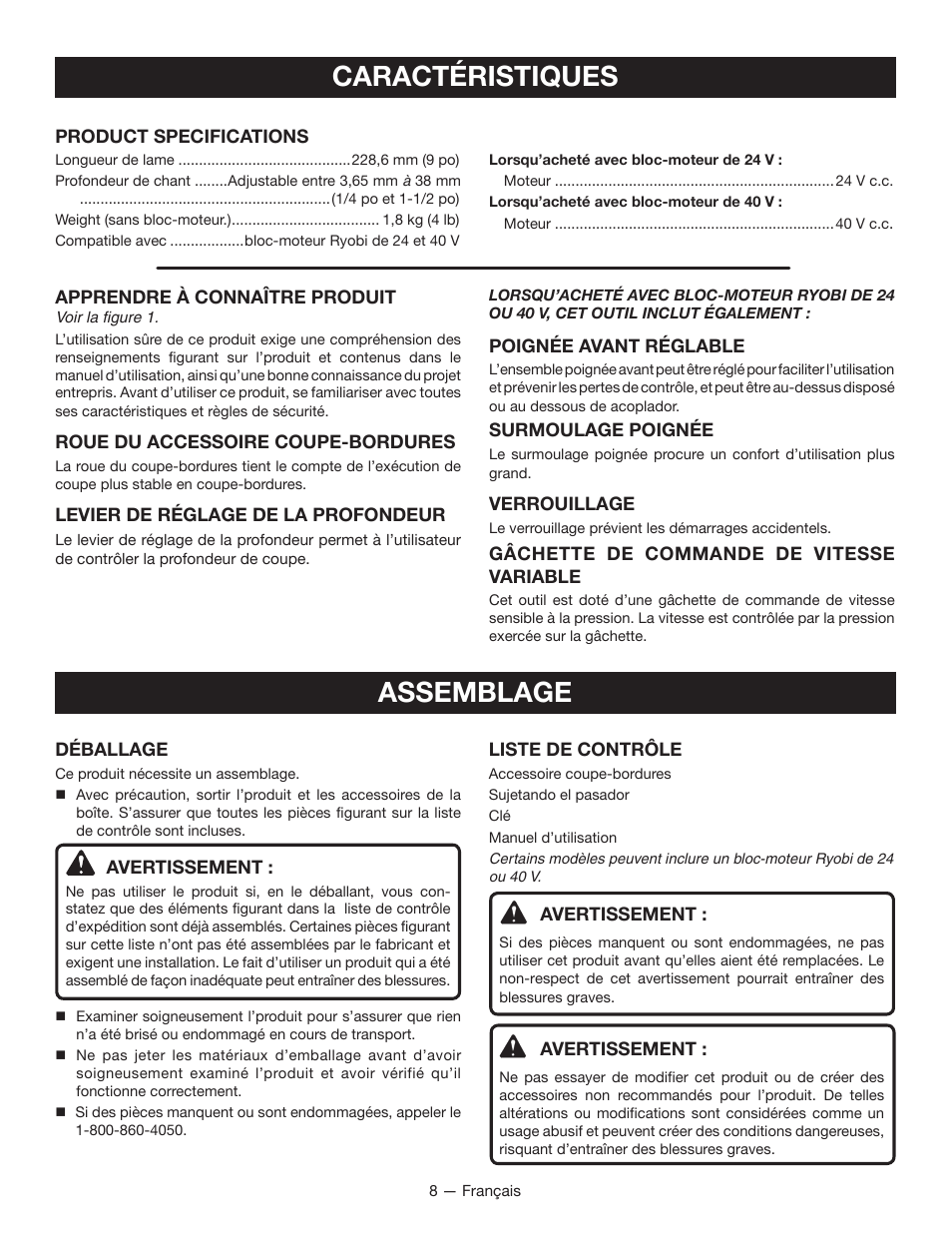 Caractéristiques, Assemblage | Ryobi RY40030 User Manual | Page 23 / 40