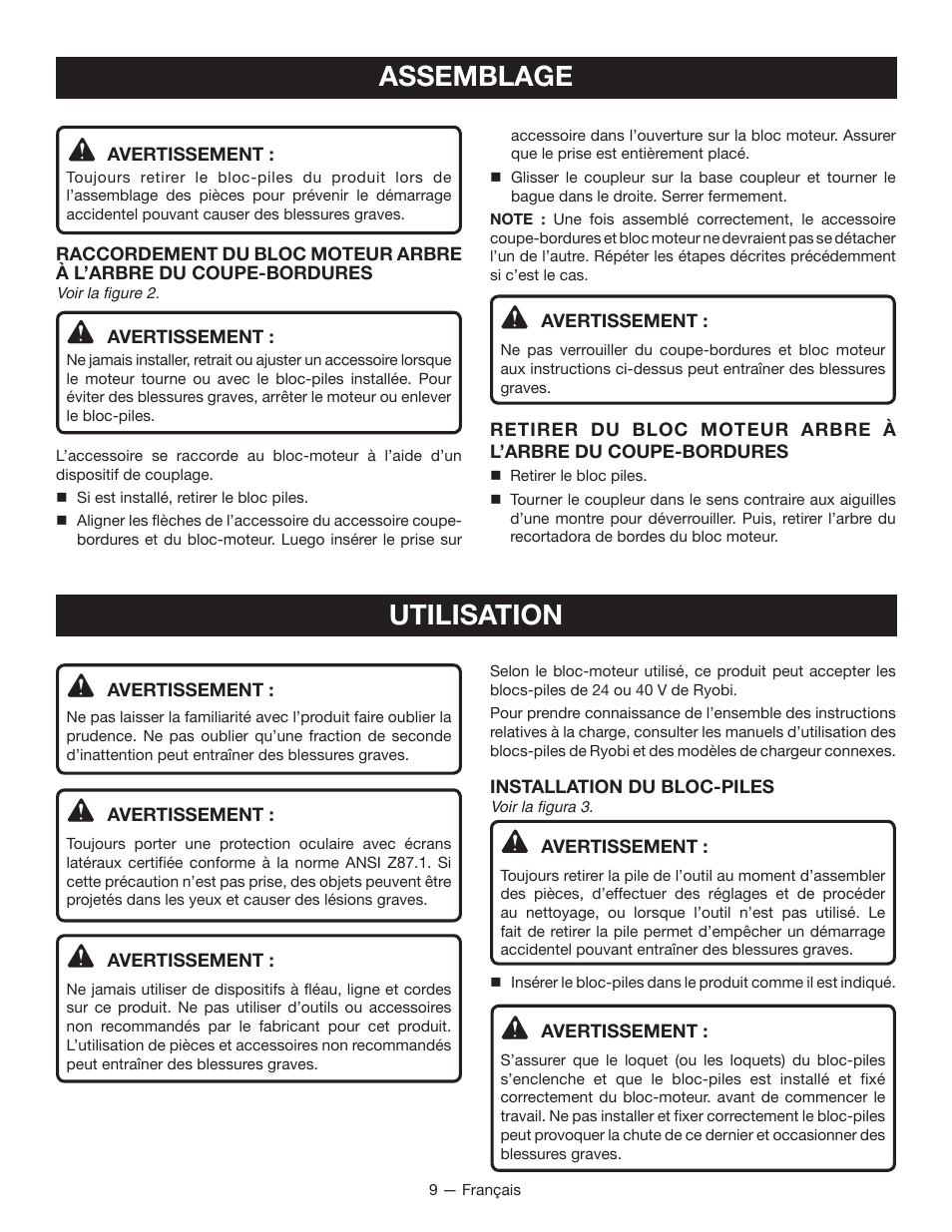 Assemblage, Utilisation | Ryobi RY40030 User Manual | Page 24 / 40
