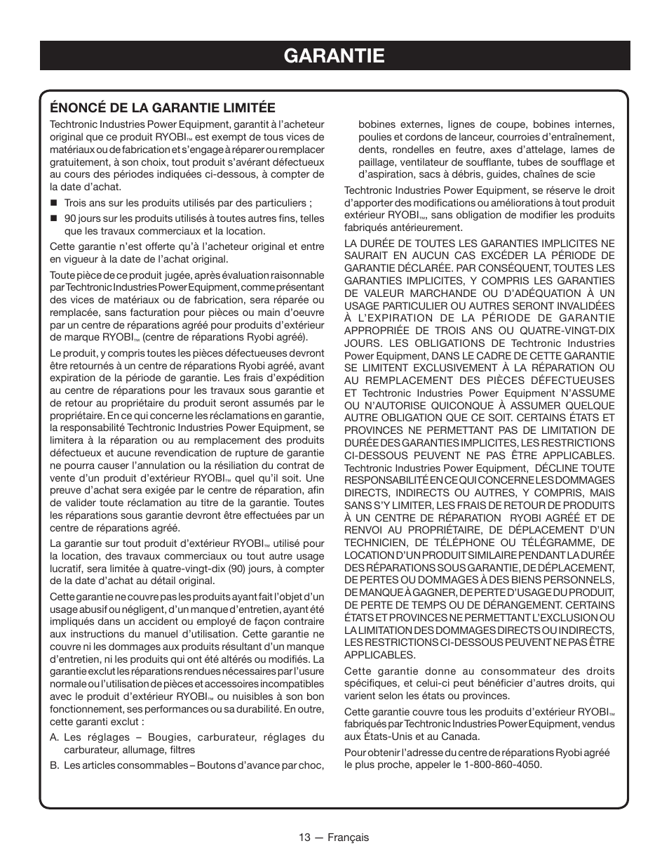 Garantie, Énoncé de la garantie limitée | Ryobi RY40030 User Manual | Page 28 / 40