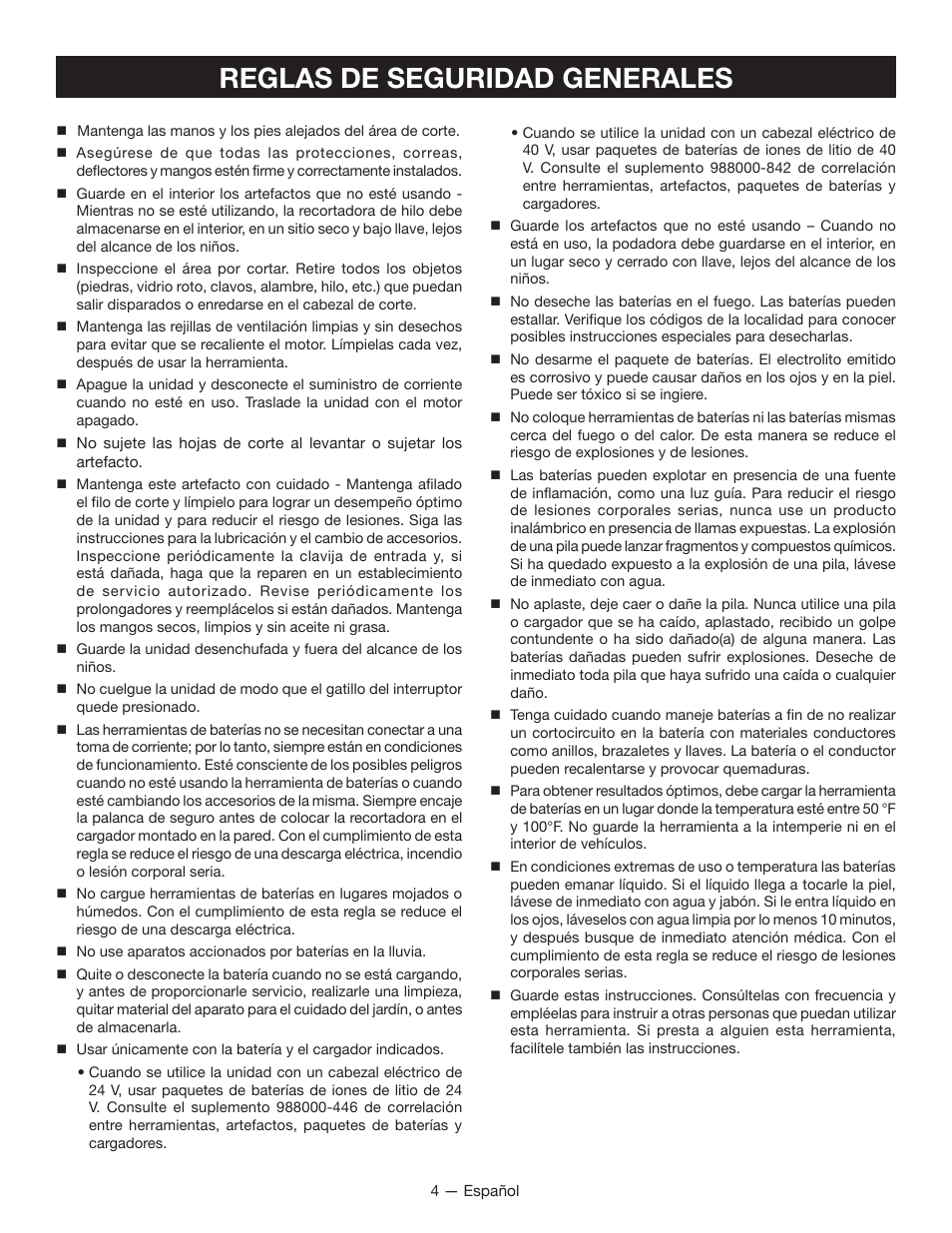 Reglas de seguridad generales | Ryobi RY40030 User Manual | Page 30 / 40