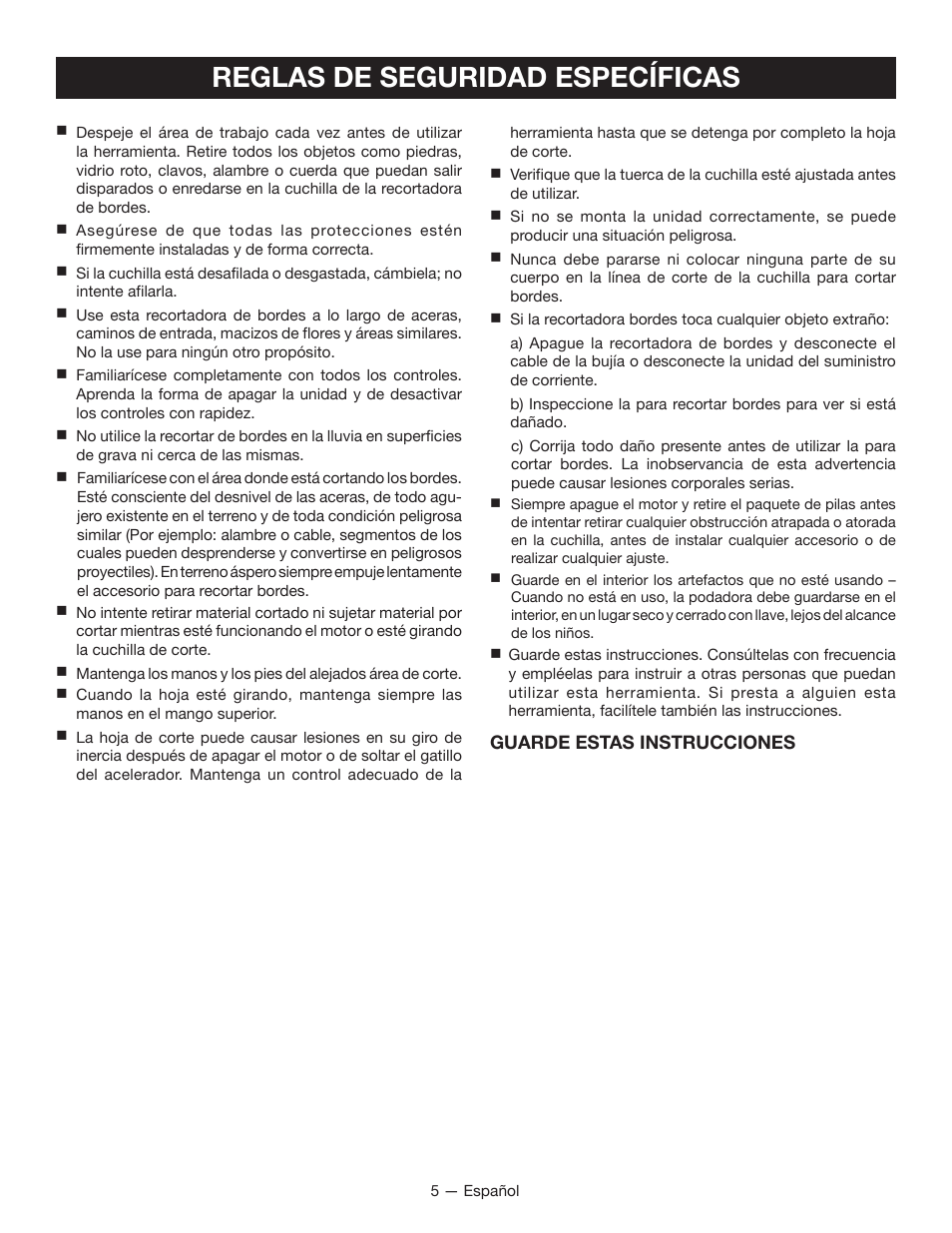 Reglas de seguridad específicas | Ryobi RY40030 User Manual | Page 31 / 40