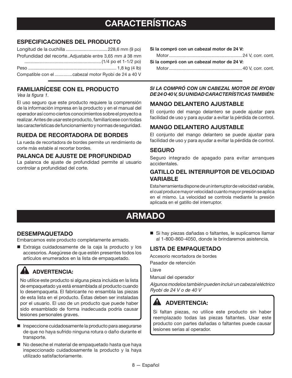 Características, Armado | Ryobi RY40030 User Manual | Page 34 / 40
