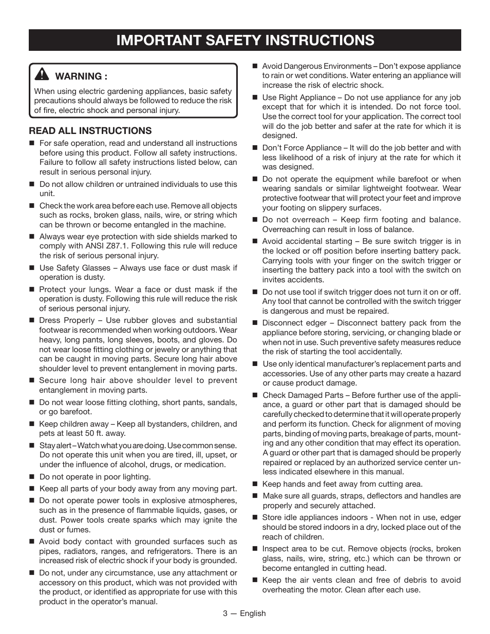 Important safety instructions | Ryobi RY40030 User Manual | Page 7 / 40