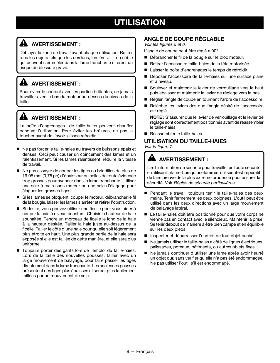 Utilisation, Angle de coupe réglable, Utilisation du taille-haies | Avertissement | Ryobi RY15800 User Manual | Page 19 / 34