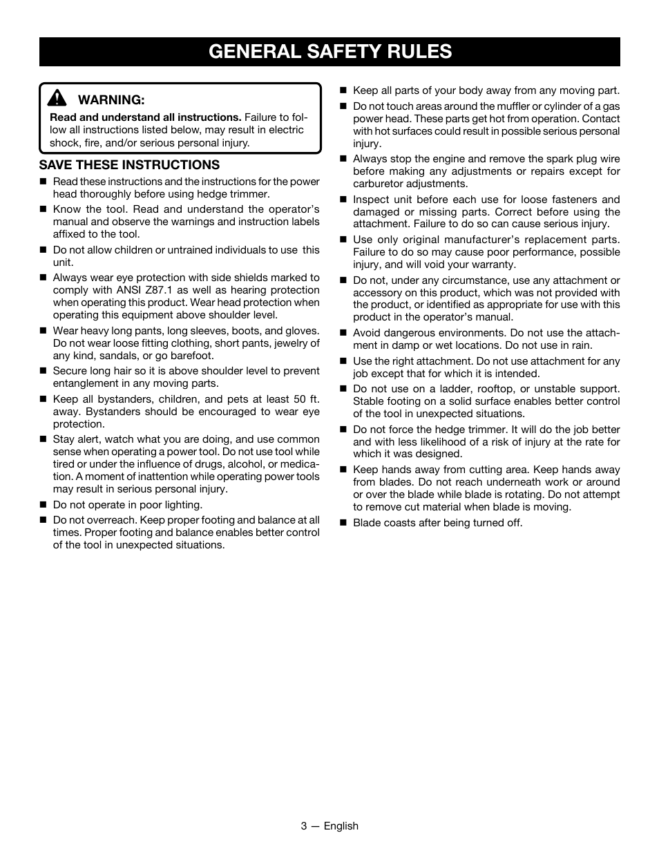 General safety rules | Ryobi RY15800 User Manual | Page 5 / 34