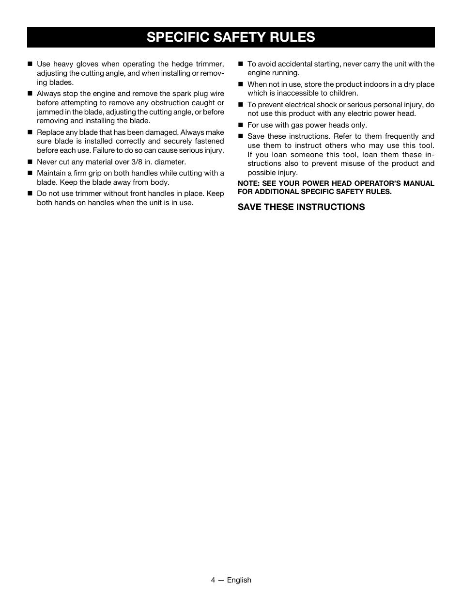 Specific safety rules | Ryobi RY15800 User Manual | Page 6 / 34
