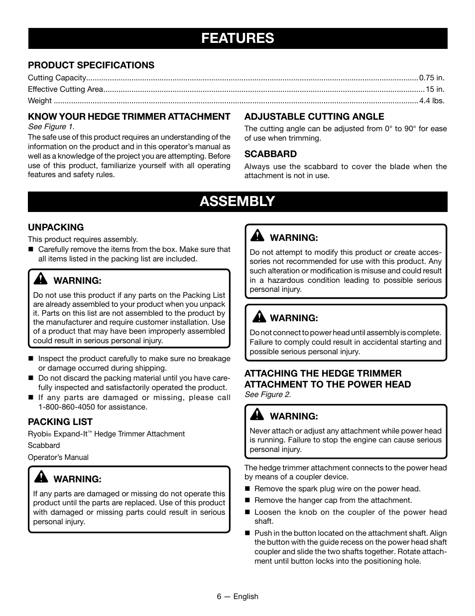 Features, Assembly | Ryobi RY15800 User Manual | Page 8 / 34