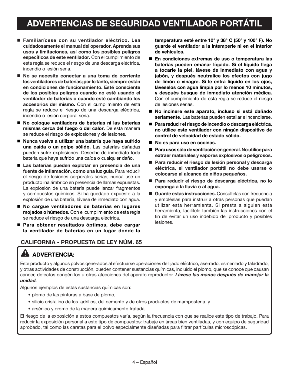 Advertencias de seguridad ventilador portátil | Ryobi P3300 User Manual | Page 18 / 24