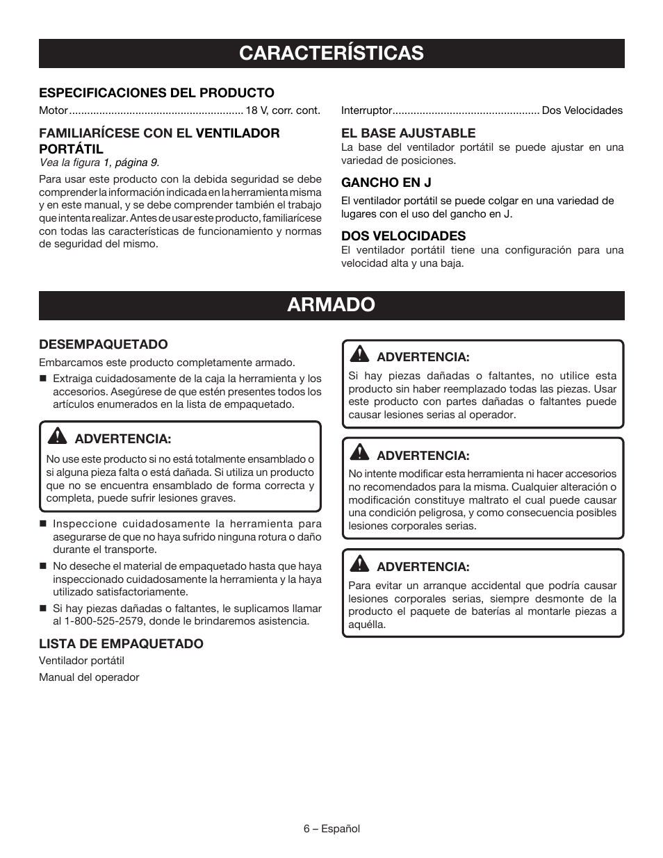 Características, Armado | Ryobi P3300 User Manual | Page 20 / 24