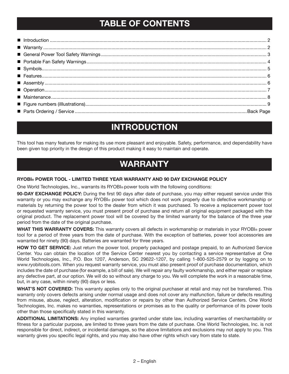 Table of contents introduction, Warranty | Ryobi P3310 User Manual | Page 2 / 24