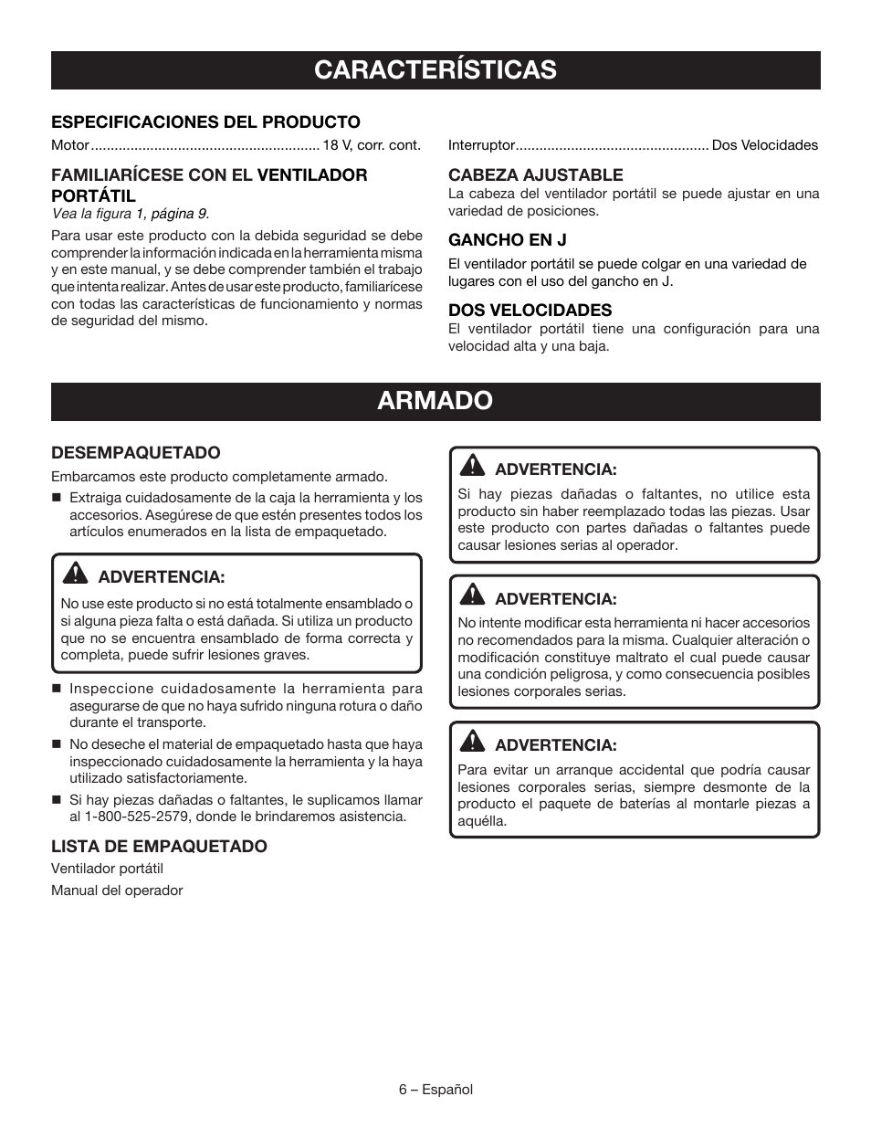 Características, Armado | Ryobi P3310 User Manual | Page 20 / 24