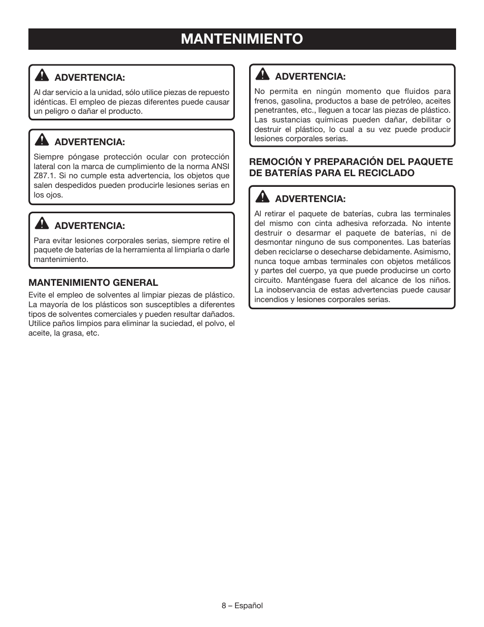 Mantenimiento | Ryobi P3310 User Manual | Page 22 / 24