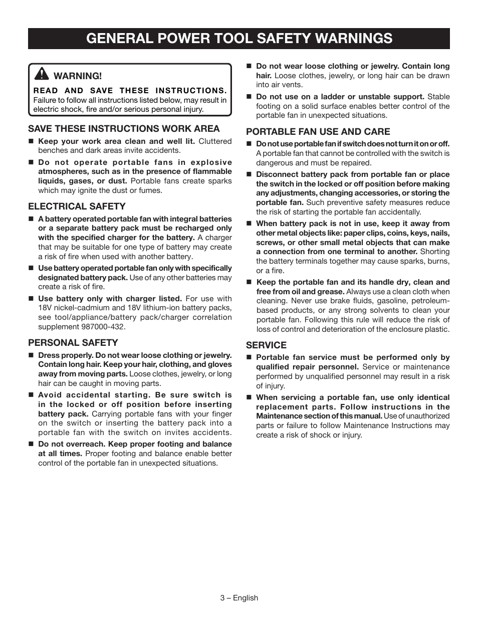 General power tool safety warnings | Ryobi P3310 User Manual | Page 3 / 24