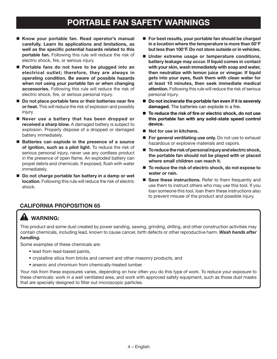 Portable fan safety warnings | Ryobi P3310 User Manual | Page 4 / 24