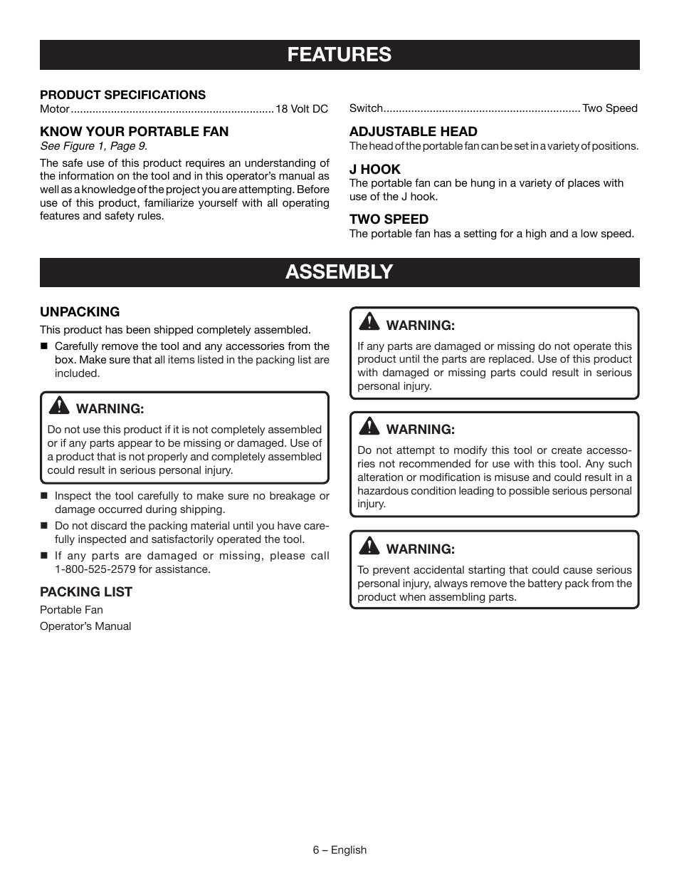 Features, Assembly | Ryobi P3310 User Manual | Page 6 / 24