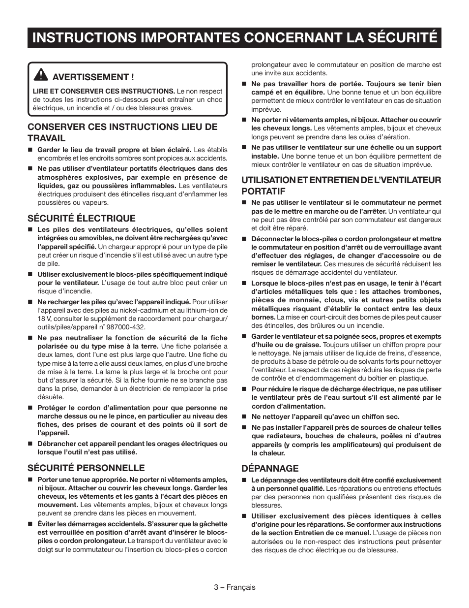 Instructions importantes concernant la sécurité | Ryobi P3320 User Manual | Page 11 / 28