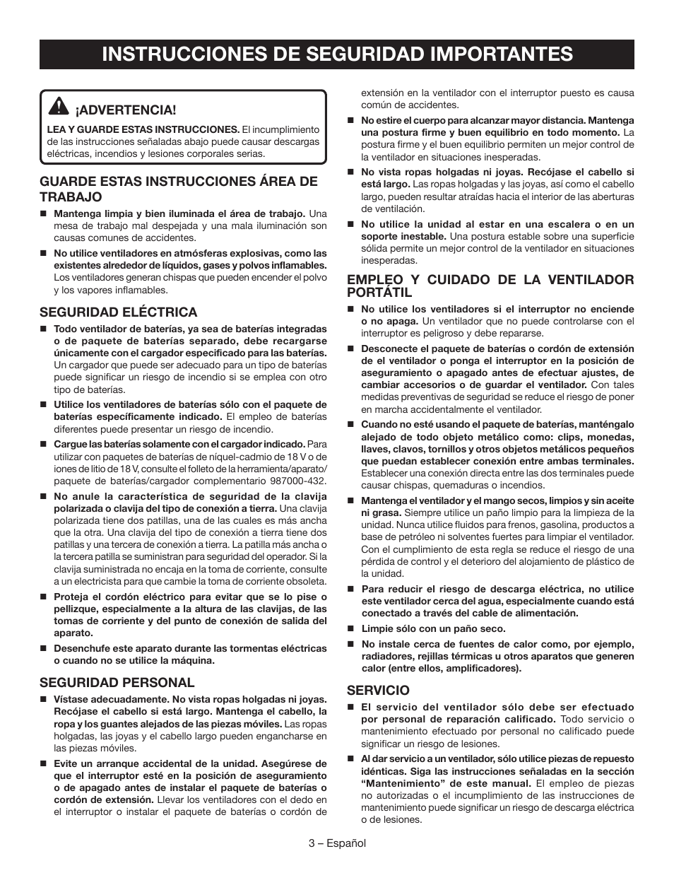 Instrucciones de seguridad importantes | Ryobi P3320 User Manual | Page 19 / 28