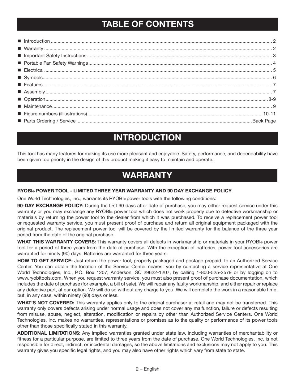 Table of contents introduction, Warranty | Ryobi P3320 User Manual | Page 2 / 28