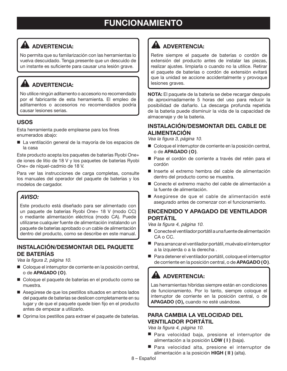 Funcionamiento | Ryobi P3320 User Manual | Page 24 / 28