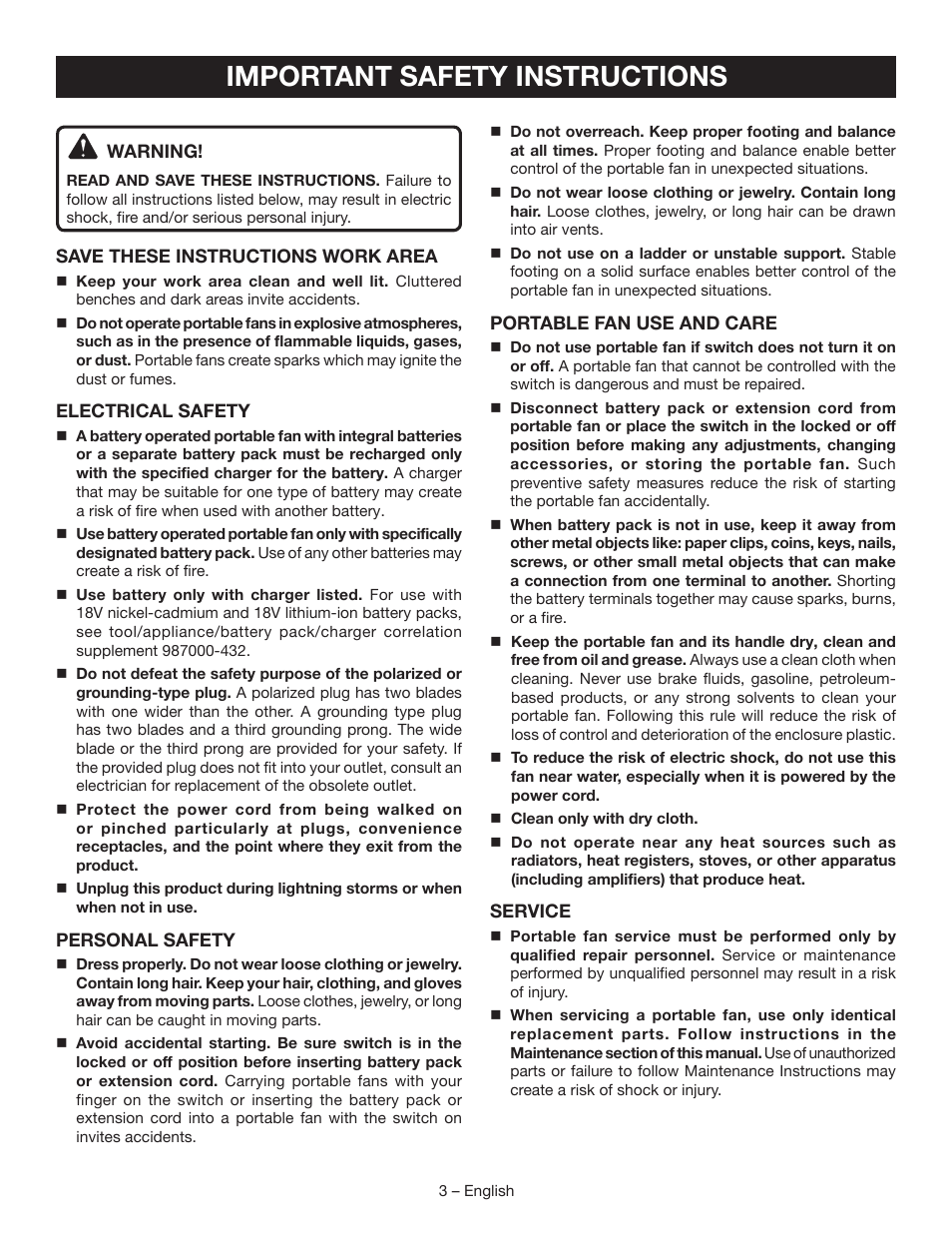 Important safety instructions | Ryobi P3320 User Manual | Page 3 / 28
