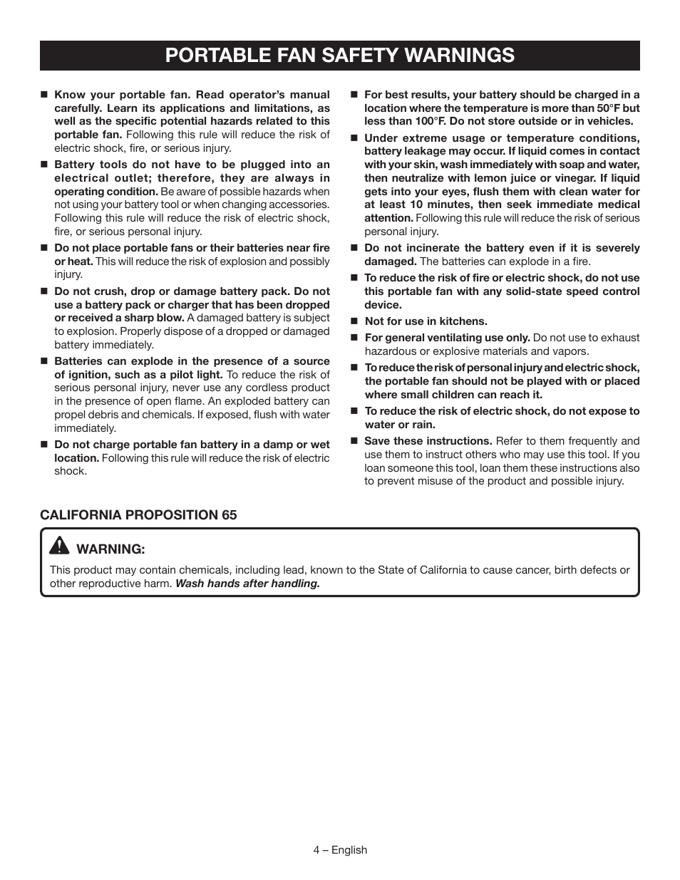 Portable fan safety warnings | Ryobi P3320 User Manual | Page 4 / 28