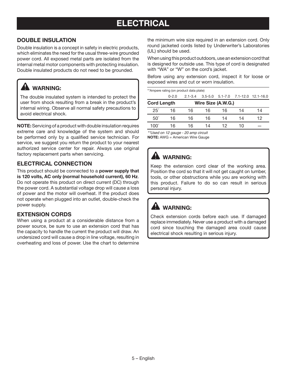 Electrical | Ryobi P3320 User Manual | Page 5 / 28