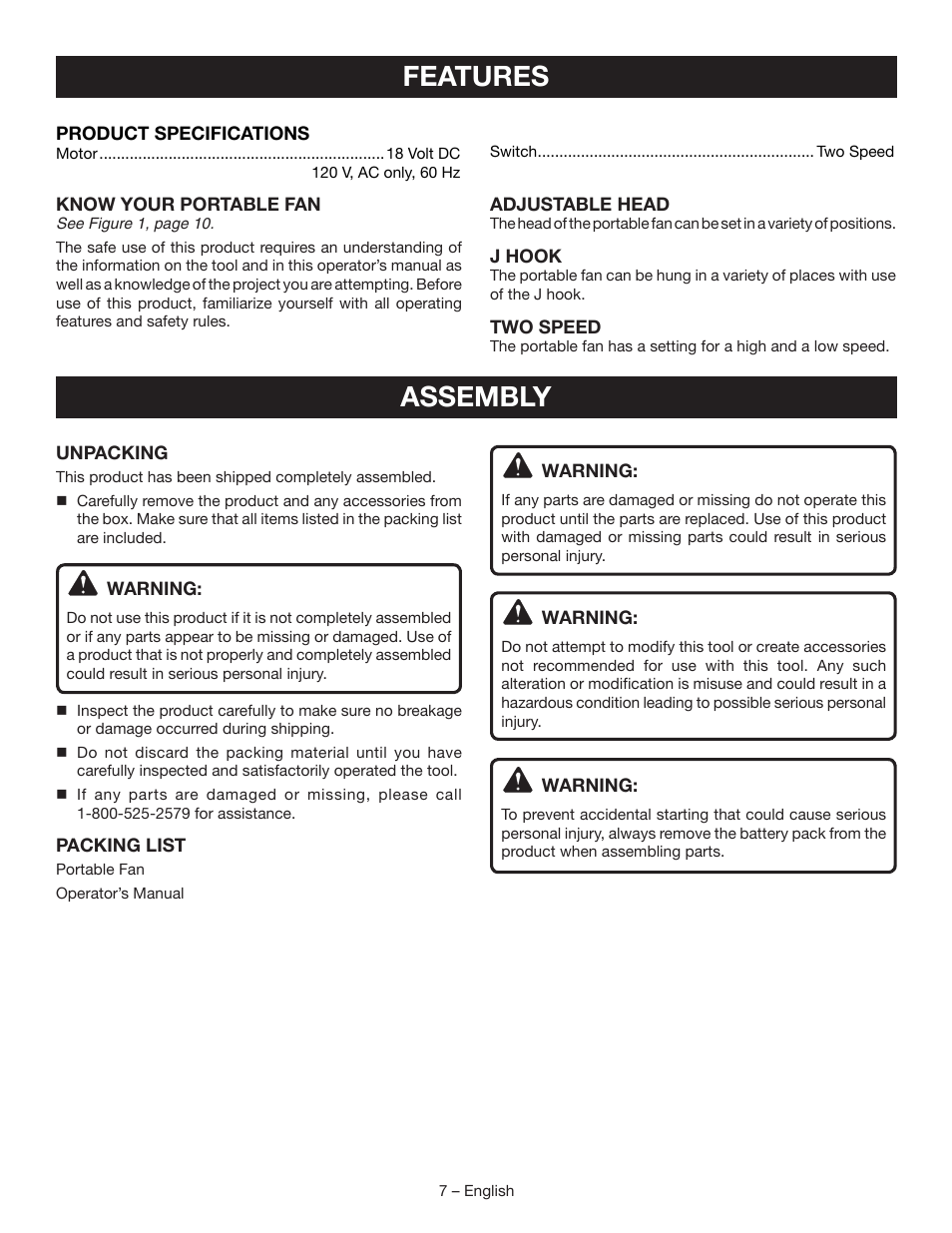 Features, Assembly | Ryobi P3320 User Manual | Page 7 / 28