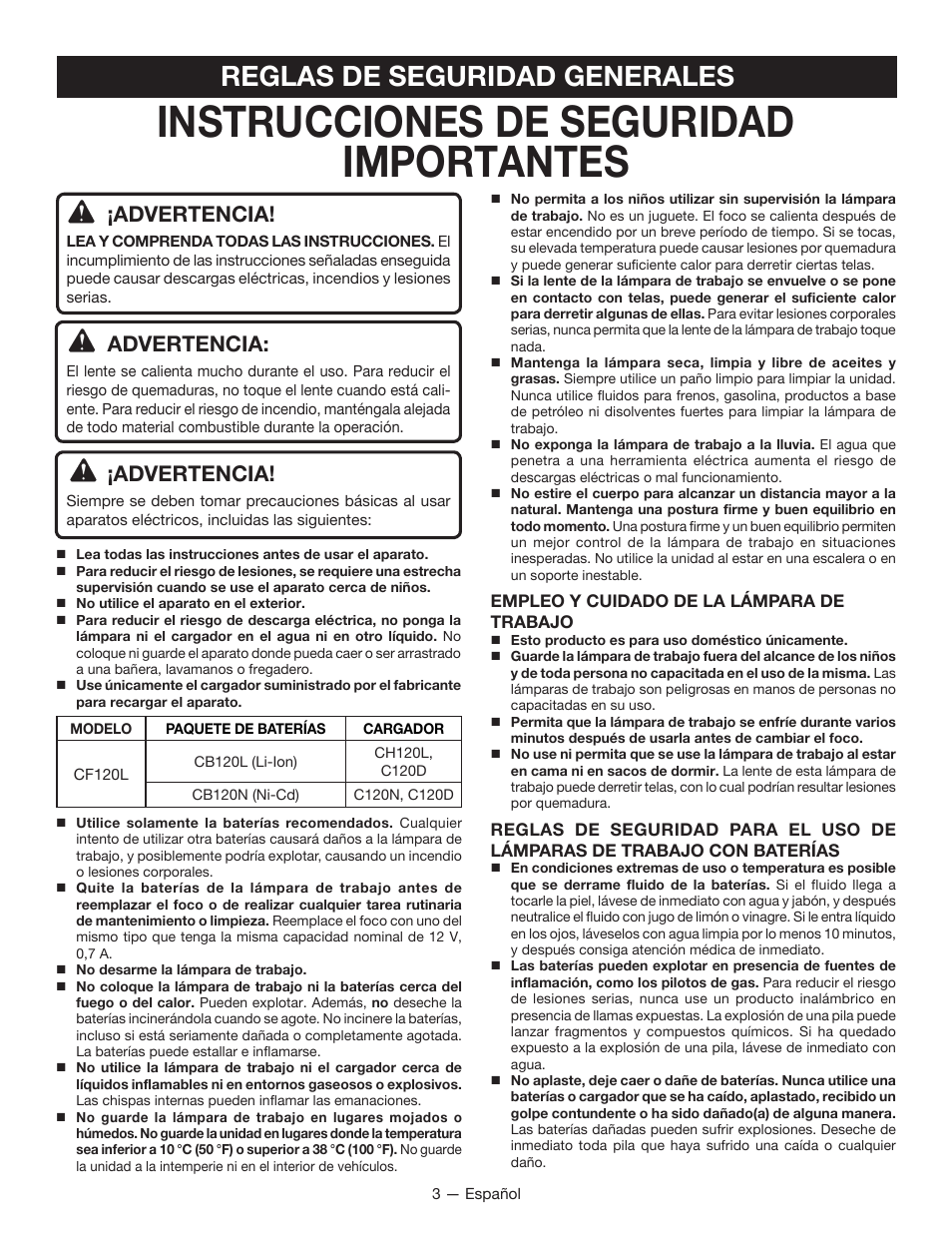 Instrucciones de seguridad importantes, Reglas de seguridad generales, Advertencia | Ryobi CF120L User Manual | Page 11 / 16