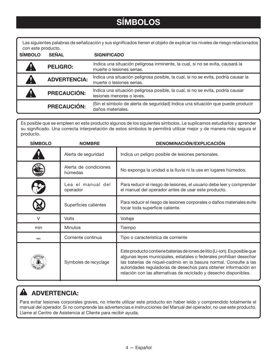 Símbolos, Advertencia | Ryobi CF120L User Manual | Page 12 / 16
