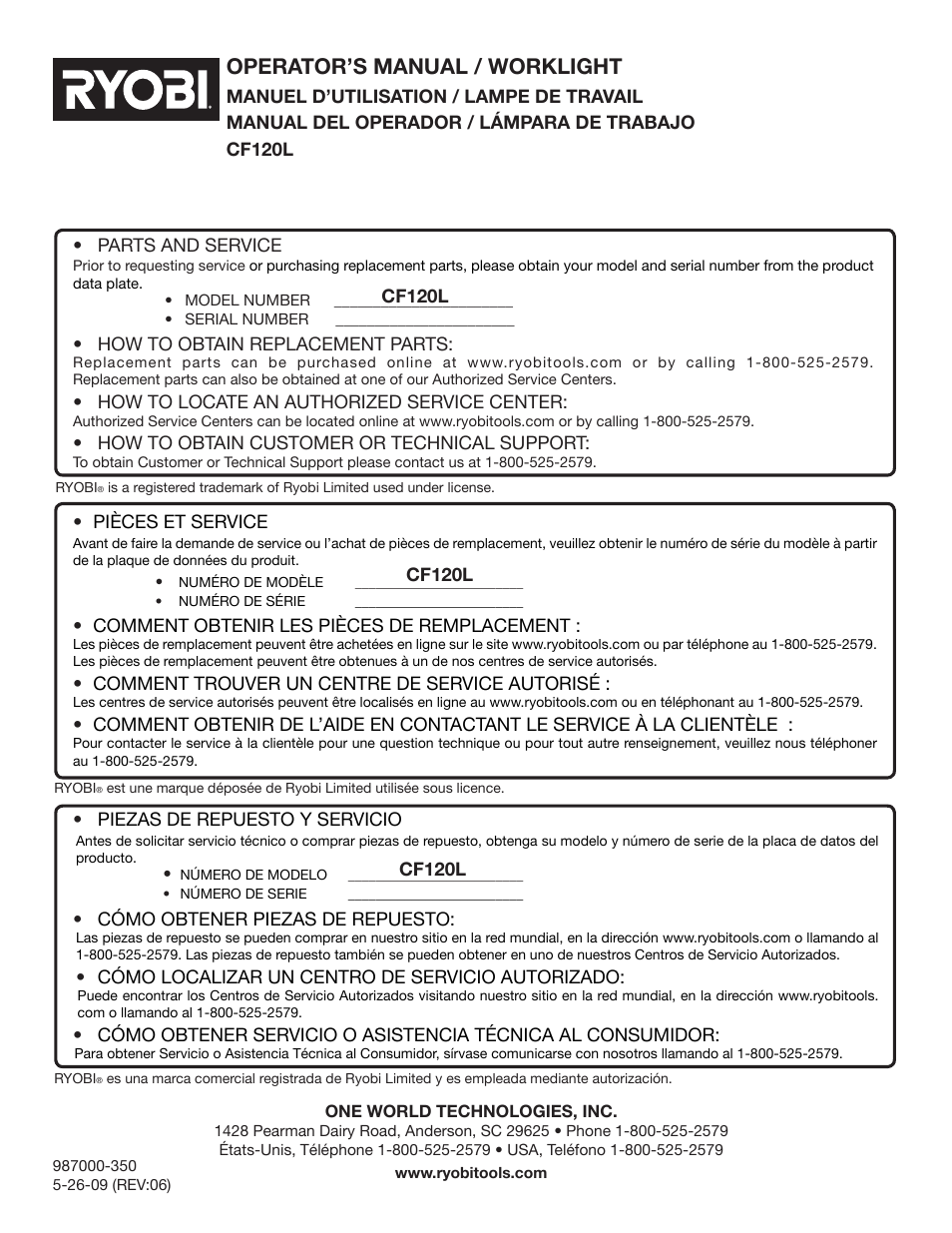 Operator’s manual / worklight | Ryobi CF120L User Manual | Page 16 / 16