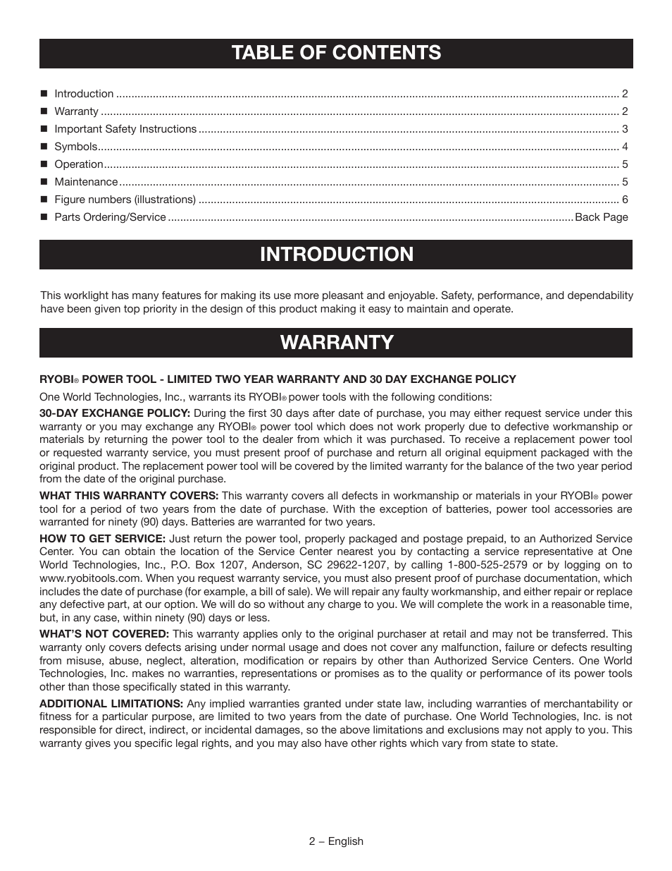 Table of contents introduction, Warranty | Ryobi CF120L User Manual | Page 2 / 16