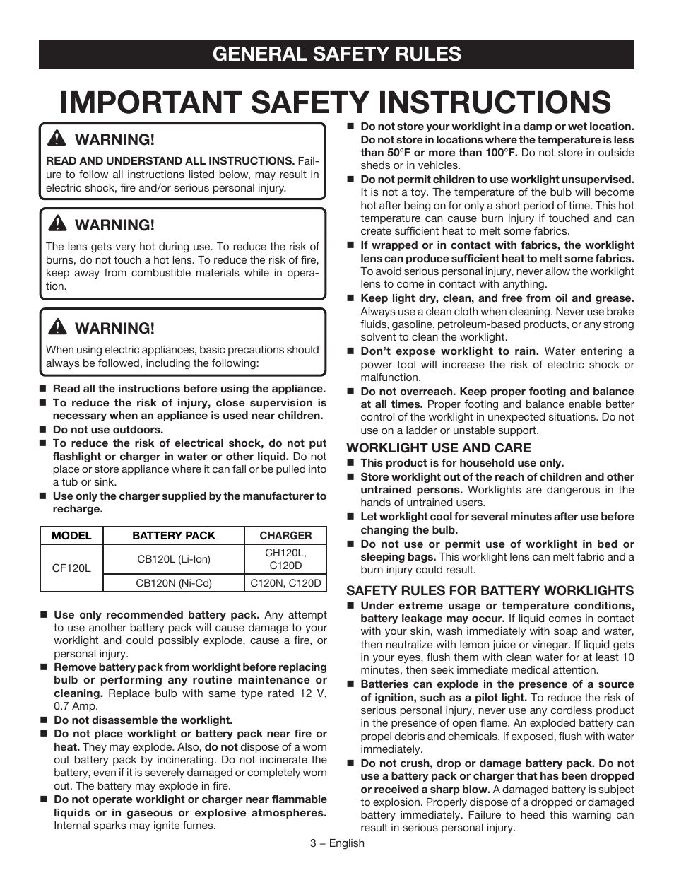 Important safety instructions, General safety rules, Warning | Ryobi CF120L User Manual | Page 3 / 16