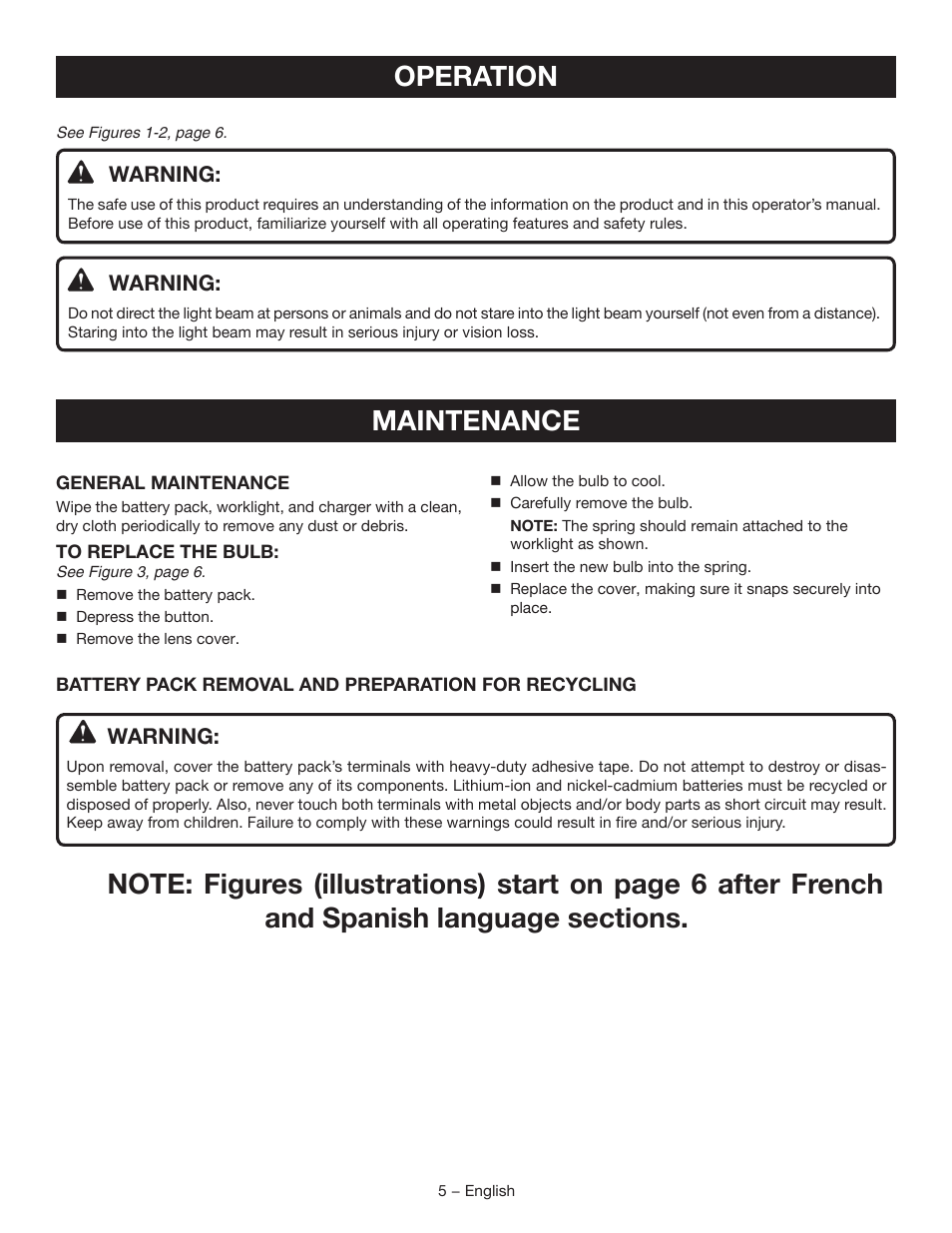 Operation, Maintenance, Warning | Ryobi CF120L User Manual | Page 5 / 16